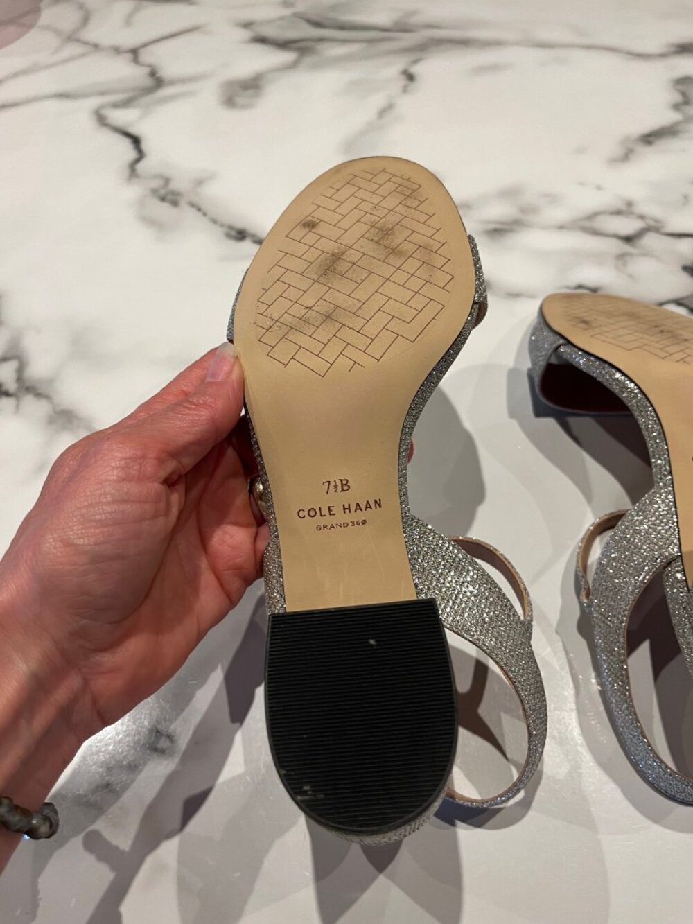 Cole Haan Josie Silver Glitter Block Heel Sandals - Size 7 1/2 - Picture 8 of 13